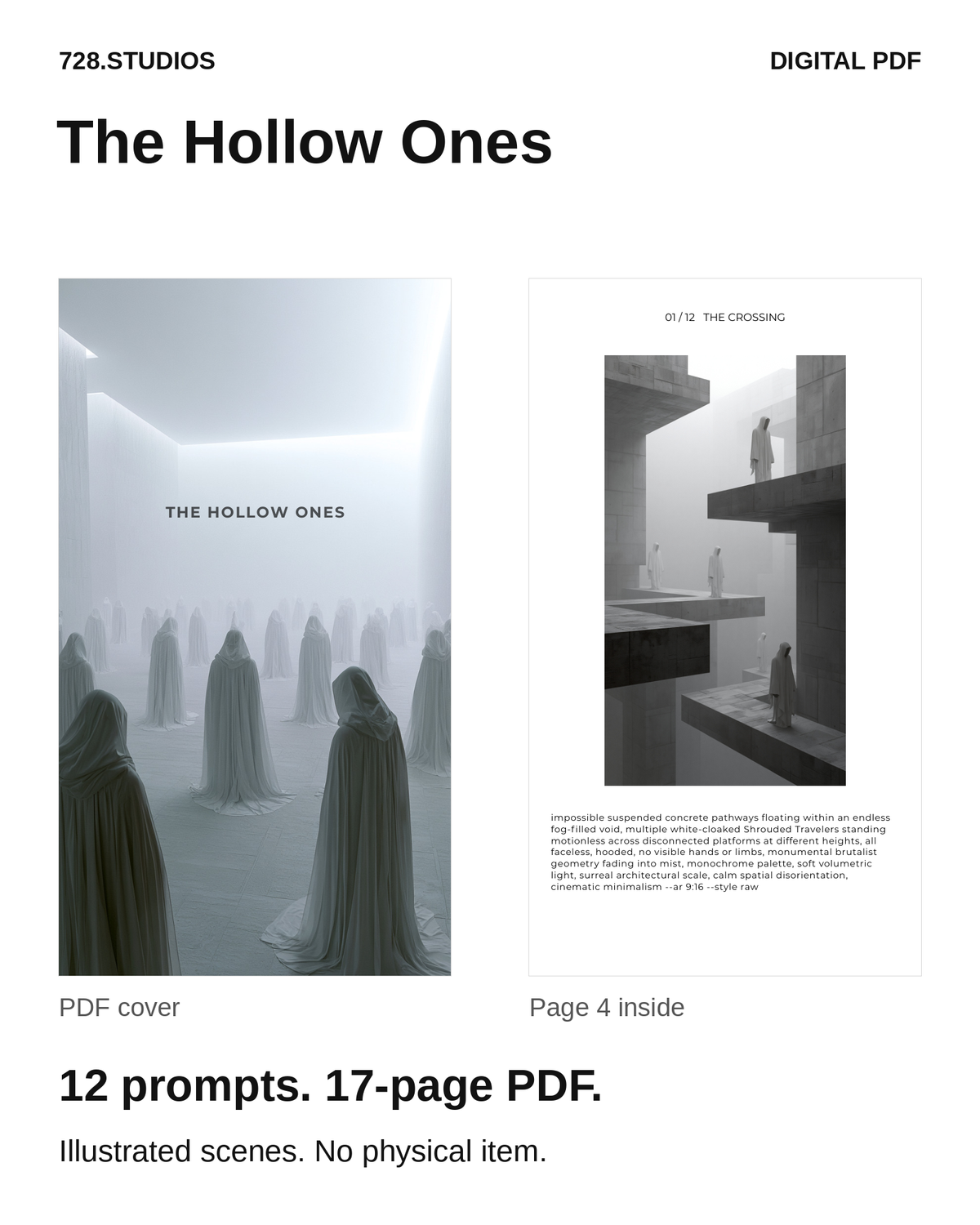 The Hollow Ones digital PDF preview showing its actual cover and page 4, with 12 prompts across 17 pages. No physical item.