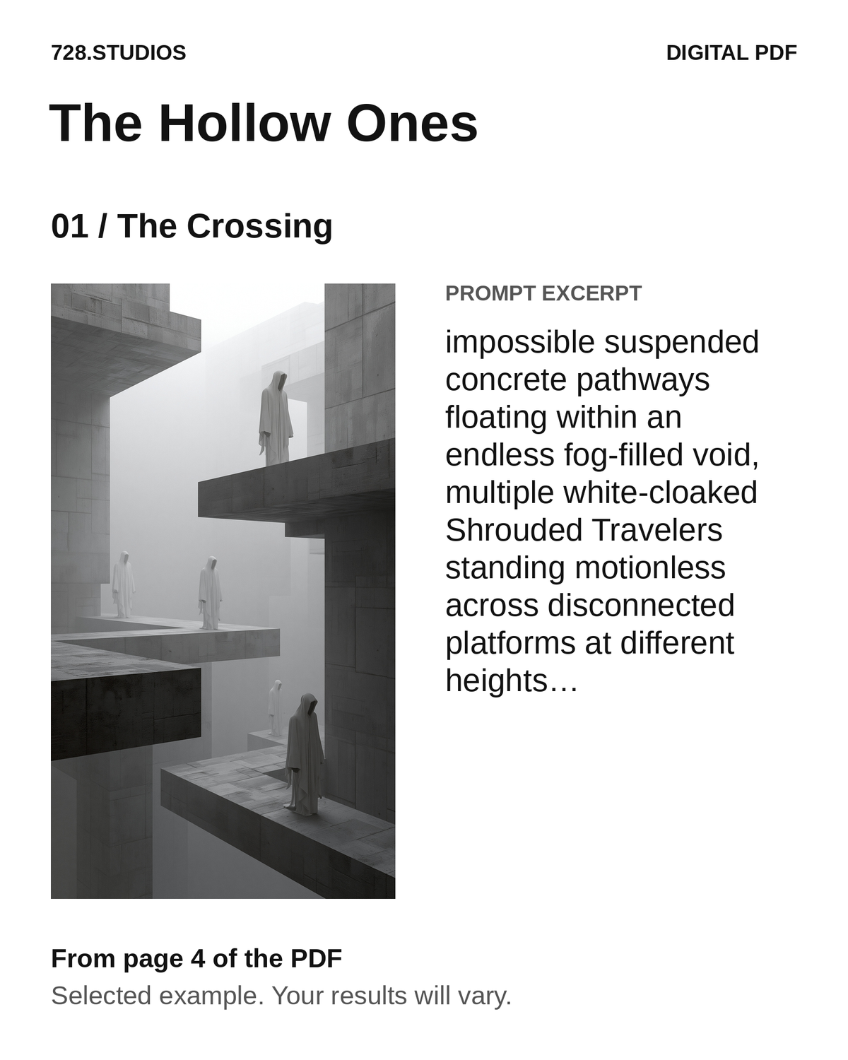 The Hollow Ones, The Crossing: a selected image and a short prompt excerpt from PDF page 4. White-cloaked figures stand on disconnected concrete platforms in pale fog.