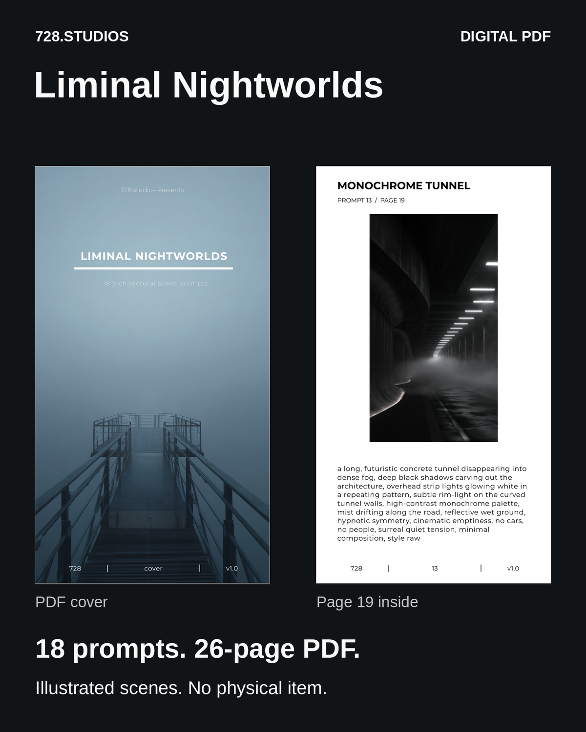 Liminal Nightworlds digital PDF preview showing its actual cover and page 19, with 18 prompts across 26 pages. No physical item.