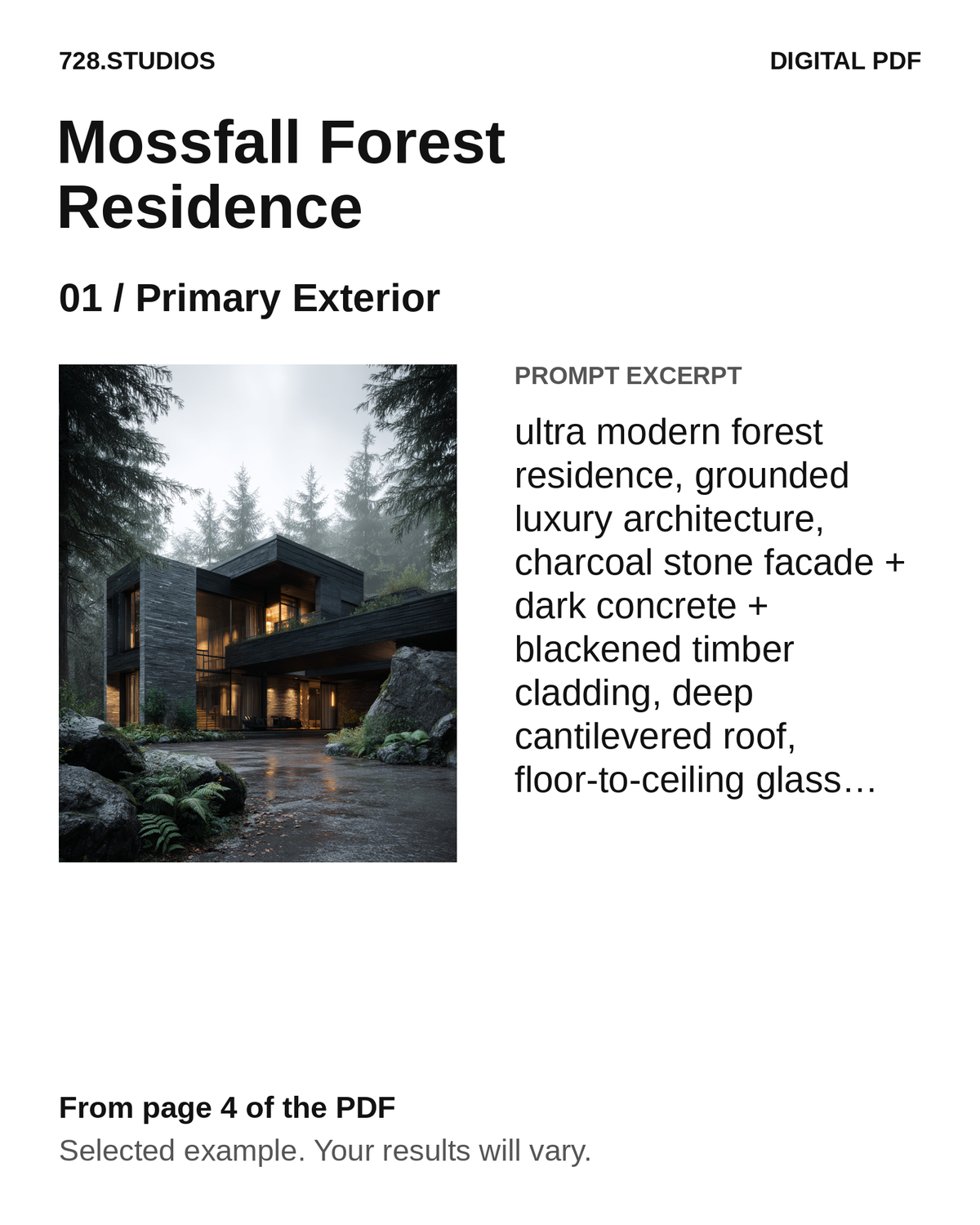 Mossfall Forest Residence, Primary Exterior: a selected image and a short prompt excerpt from PDF page 4. A dark timber and concrete house with warm windows sits beside a wet path in a misty forest.