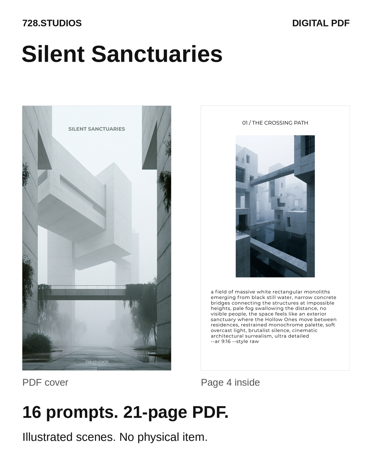 Silent Sanctuaries digital PDF preview showing its actual cover and page 4, with 16 prompts across 21 pages. No physical item.