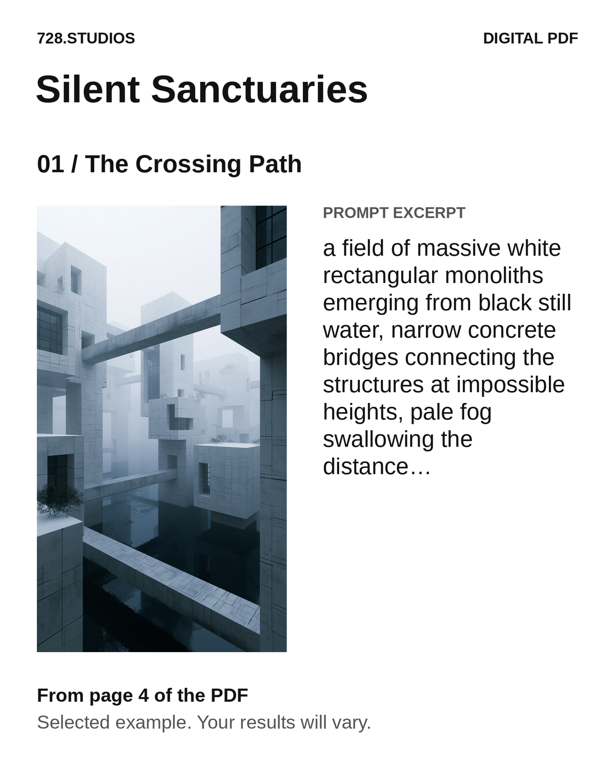 Silent Sanctuaries, The Crossing Path: a selected image and a short prompt excerpt from PDF page 4. Narrow white concrete bridges connect tall sanctuary buildings over dark water.