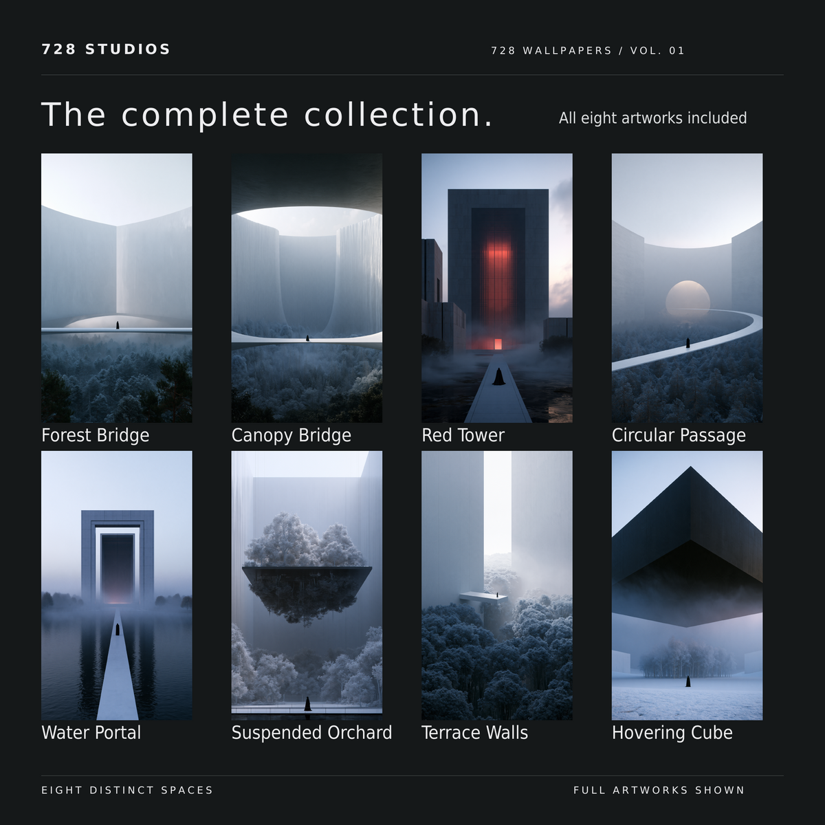 All eight 728 Wallpapers Vol. 01 artworks with names: Forest Bridge, Canopy Bridge, Red Tower, Circular Passage, Water Portal, Suspended Orchard, Terrace Walls, and Hovering Cube.