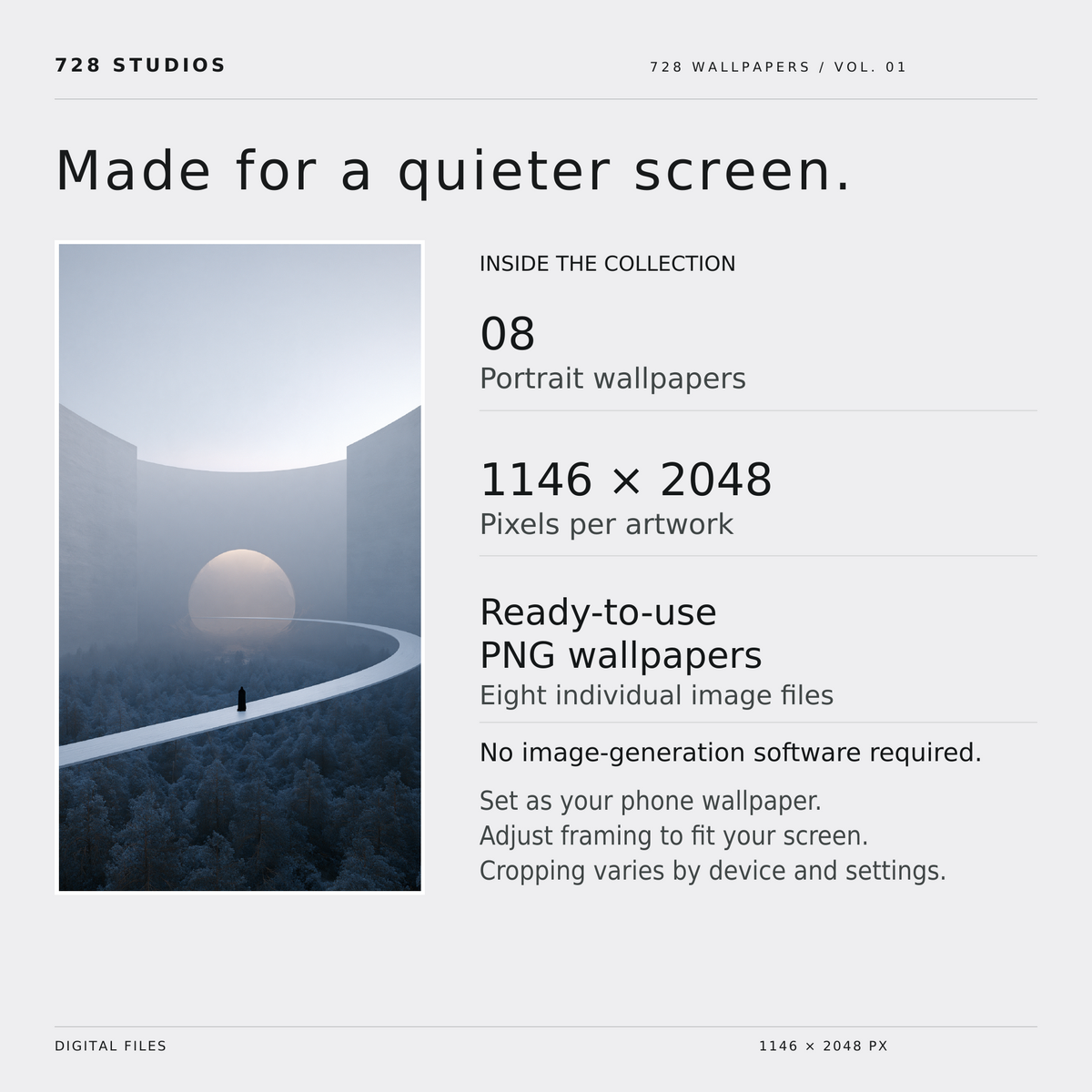 728 Wallpapers Vol. 01 specifications: eight ready-to-use portrait PNG wallpapers, 1146 x 2048 pixels per artwork; no image-generation software required; cropping varies by device.