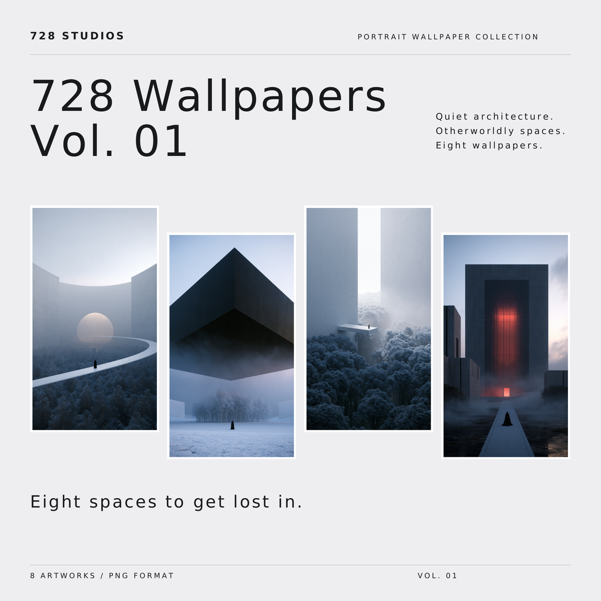 728 Wallpapers Vol. 01 cover featuring selected monochrome phone wallpapers.