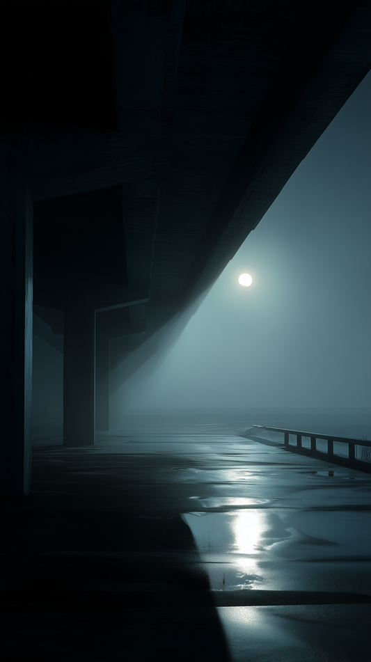 Elevated brutalist structure fading into blue fog under moonlight